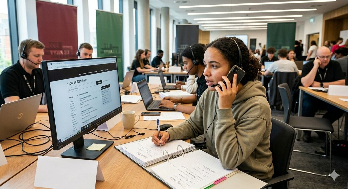 An eye-level wide shot shows several people with a headset on the left and right, in the background, a person on the phone on the left, and a central character, a woman with curly hair tied back in a bun with the top forward in green with a headset on her right ear and a phone in her right hand as well. Her left hand is holding a pen with the tip on the pages of her binder to write down, her gaze is on the front right. In front of her and to the left is an HP laptop screen that only says “Course Database.” and some lists with numbers and text too blurry to identify. There are banners in the back and several tables with a few people like the others, with a headset on or a laptop in front of them.