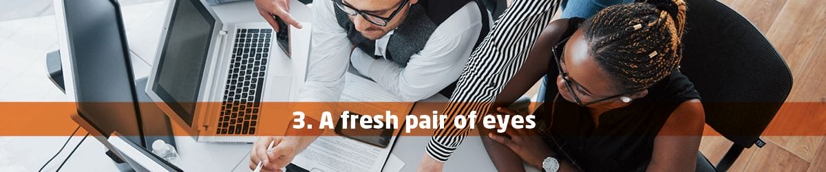A web graphic saying "A fresh pair of eyes"