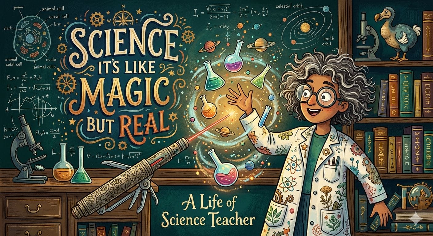 Image that says SCience its like magic but real depicting a science teacher