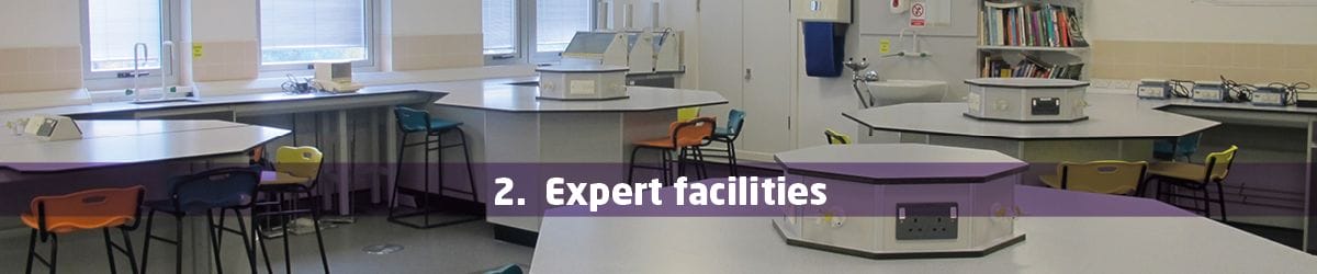Web graphic of science classroom saying "2. Expert facilities"