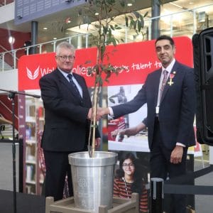 principal and West Midlands Deputy Lieutenant with tree and Queen's cypher aluminium pot facing