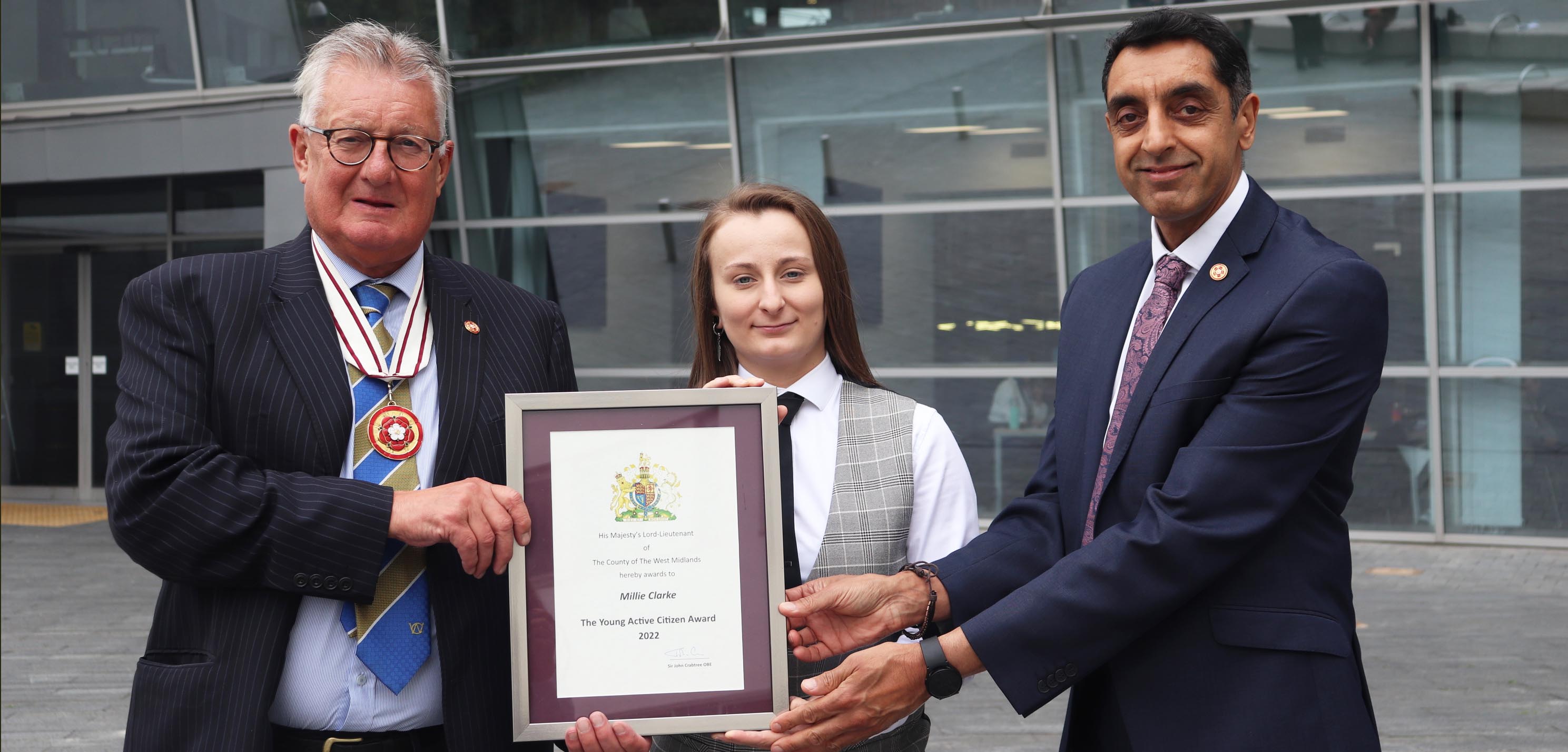 Picture of Millie Clarke with David Frost CBE DL & Jatinder Sharma CBE facing