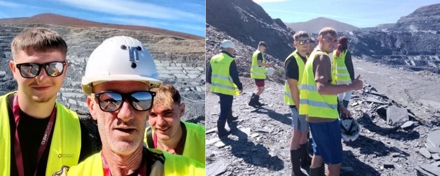 selfie image of three males in slate mine next to image of males exploring slate mine